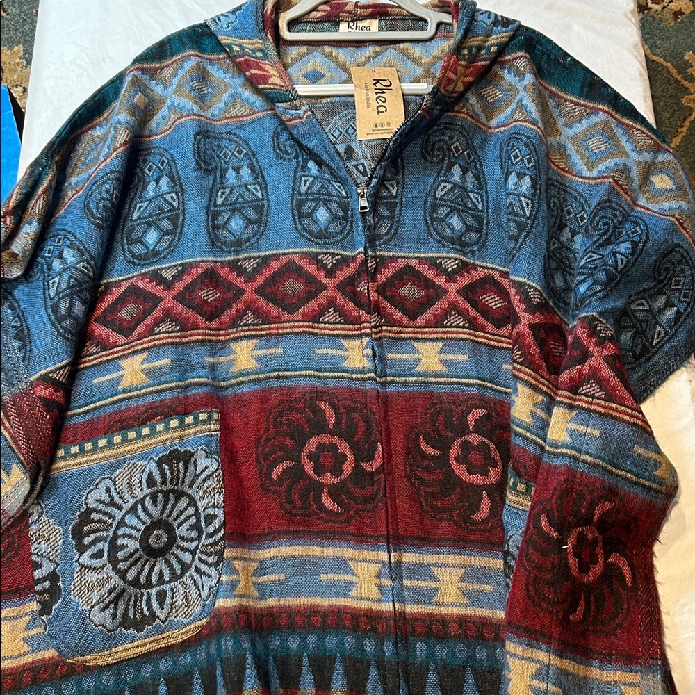 Rhea Boho Blue and Brown Shawl Poncho Fringe Zip Up with hood Oversized - Picture 6 of 6